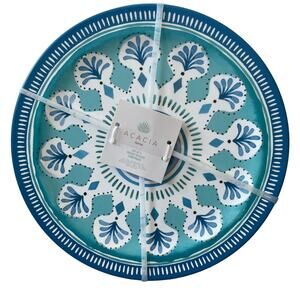 ACADIA HOME Melamine 10.5" Dinner Plates Set 4 Blue Teal White Iznik Print NEW